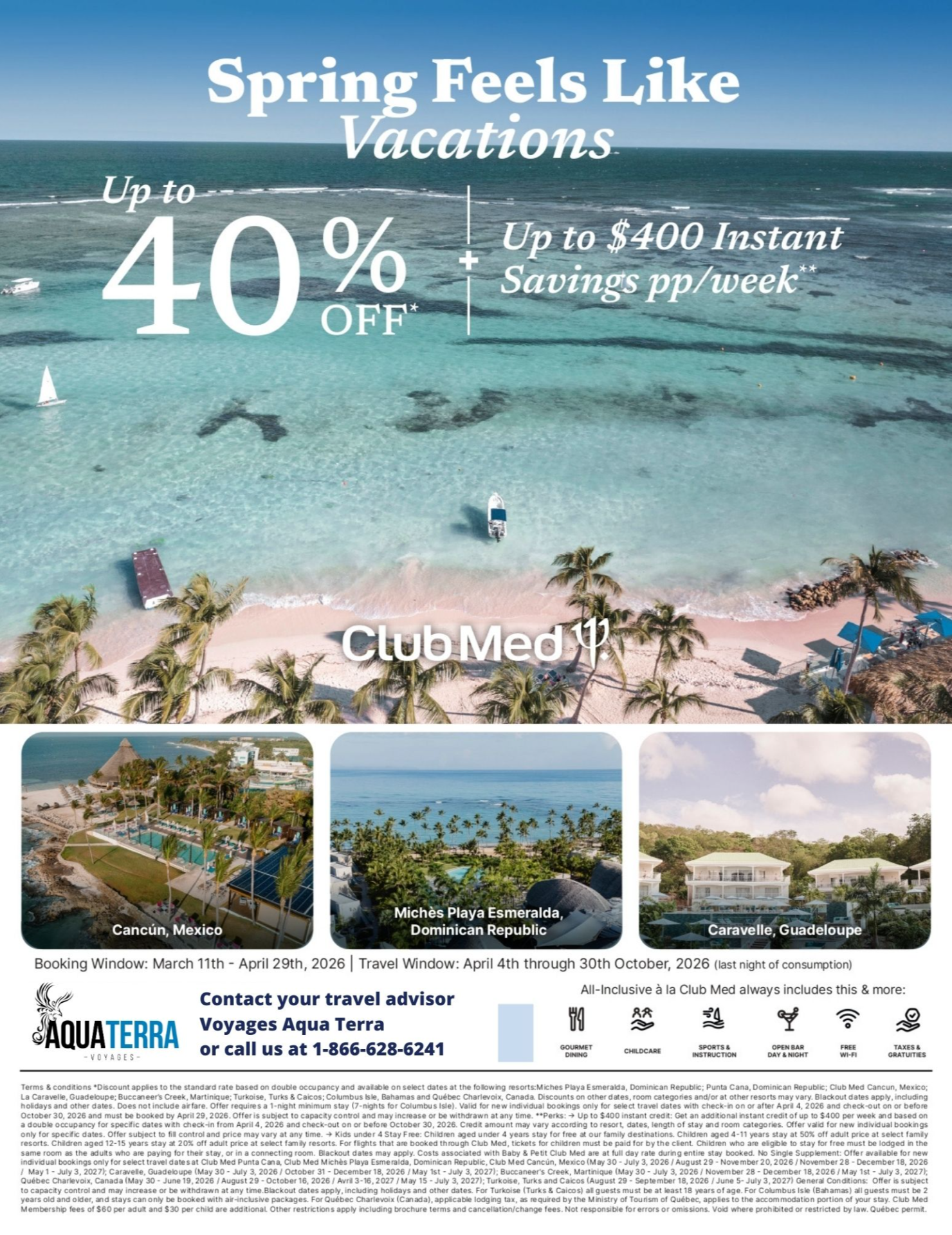 Club Med Spring Getaway Promotions: 40% off and up to $400 off with Aqua Terra Travel