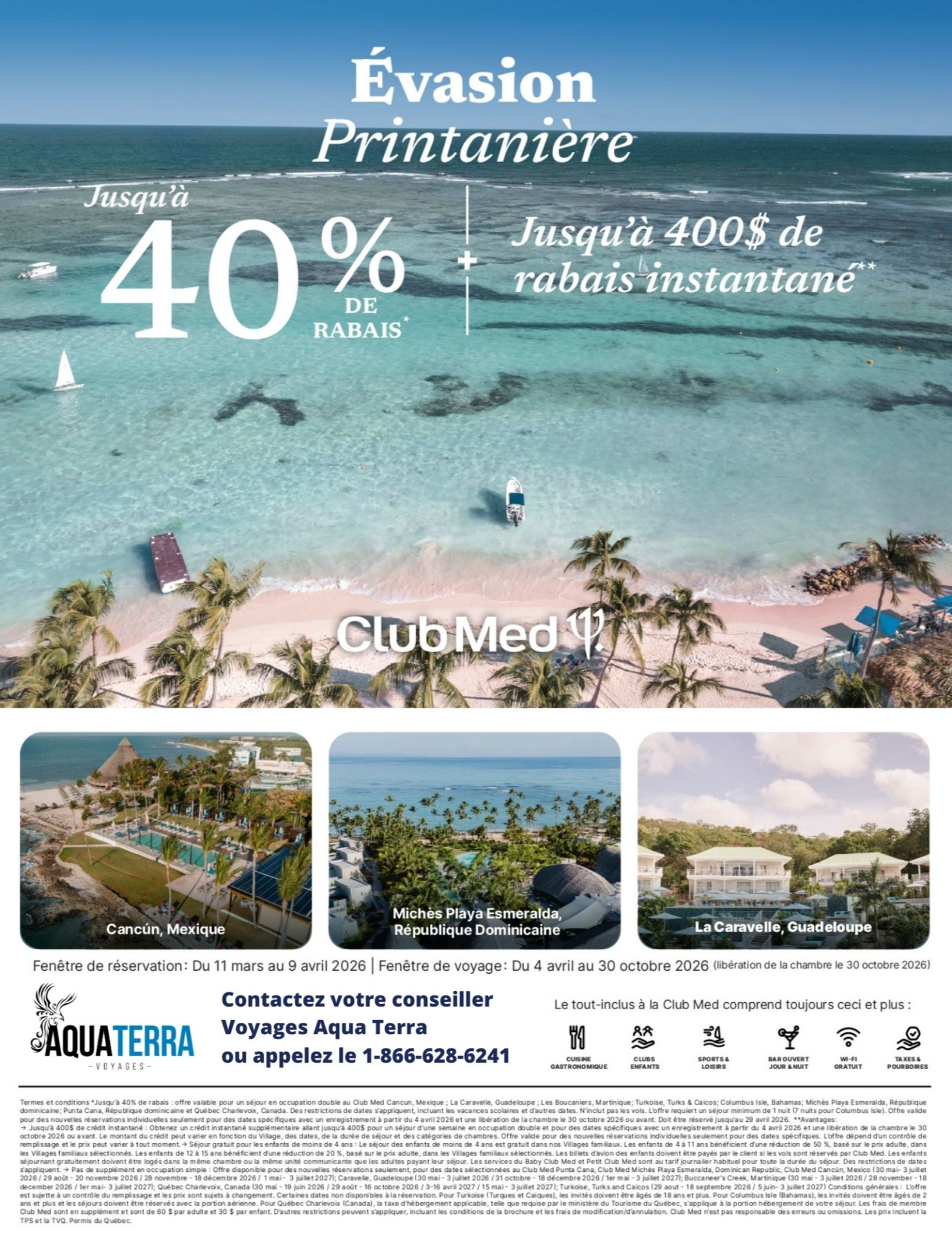 Promotions Club Med Évasion Printanière, 40% de rabais et jusqu'à 400$ de rabais avec Voyages Aqua Terra