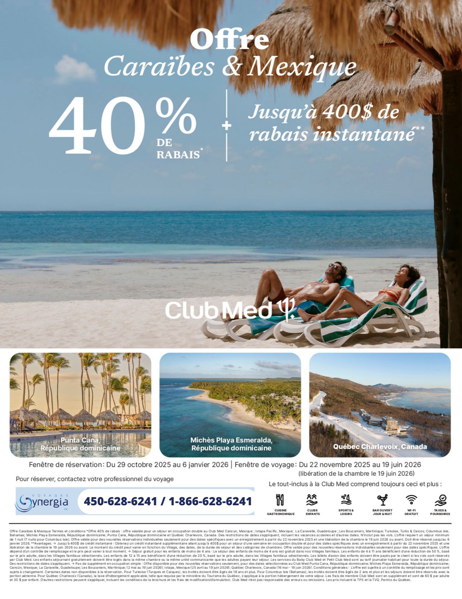 Promotions Club Med Offre Ensoleillée 40% de rabais + 400$ de rabais instantané avec Voyages Aqua Terra undefined
