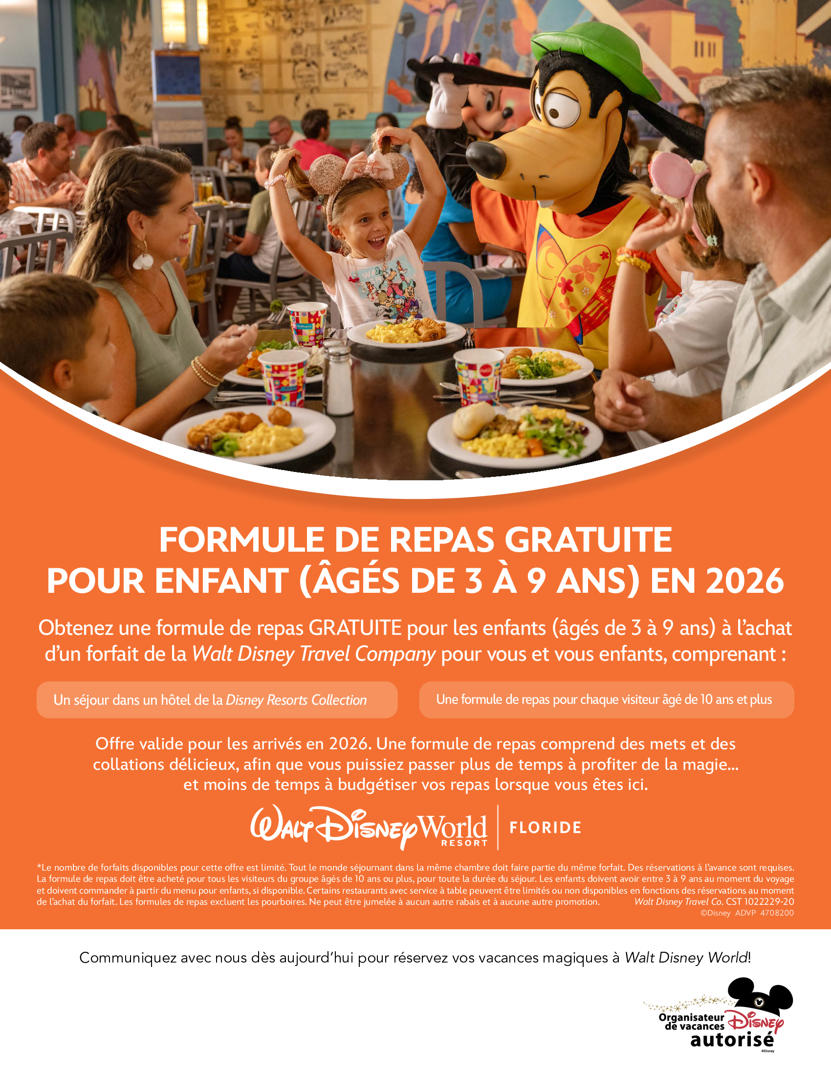 Walt Disney World Resort en Floride Formule de repas gratuite pour enfant avec Voyages Synergia Créateurs de Magie
