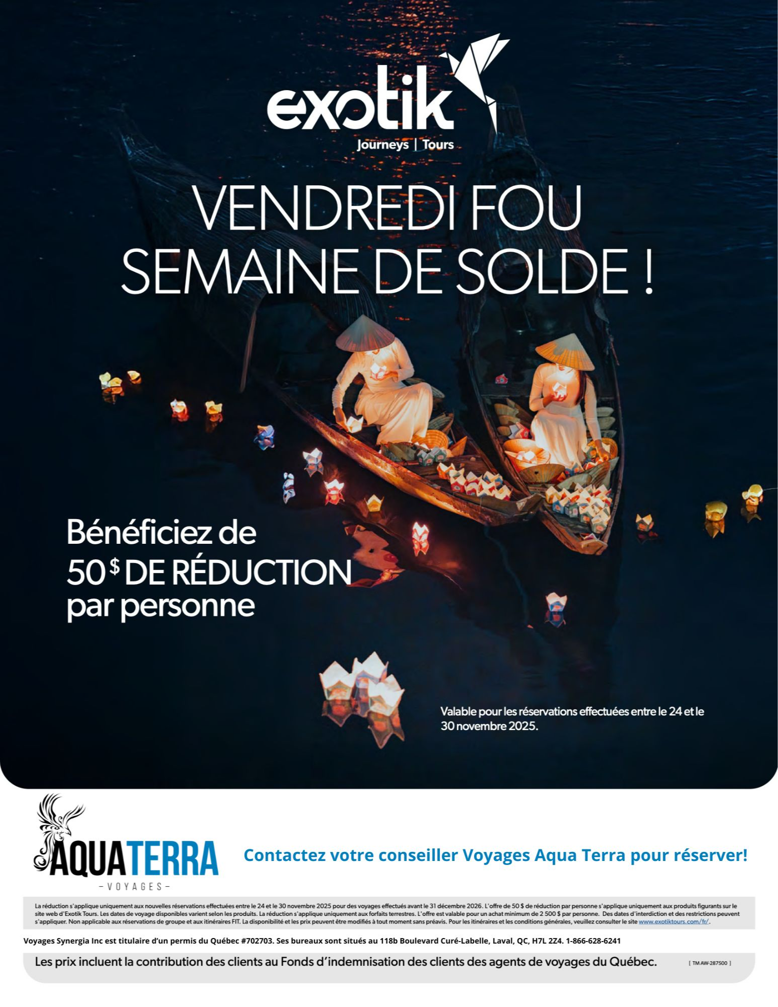Exotik Tours Promotion Black Friday 50$ off with Voyages Aqua Terra 