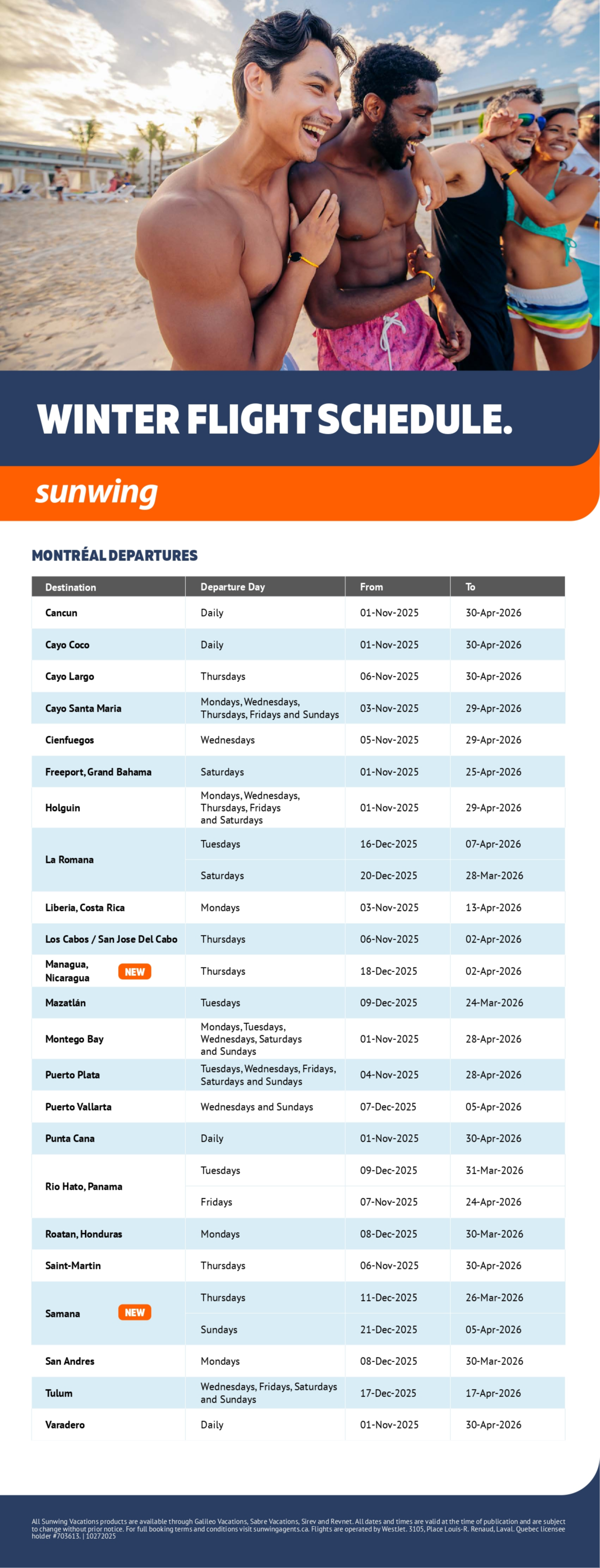 Sunwing Vacations winter flight schedule with Aqua Terra Travel