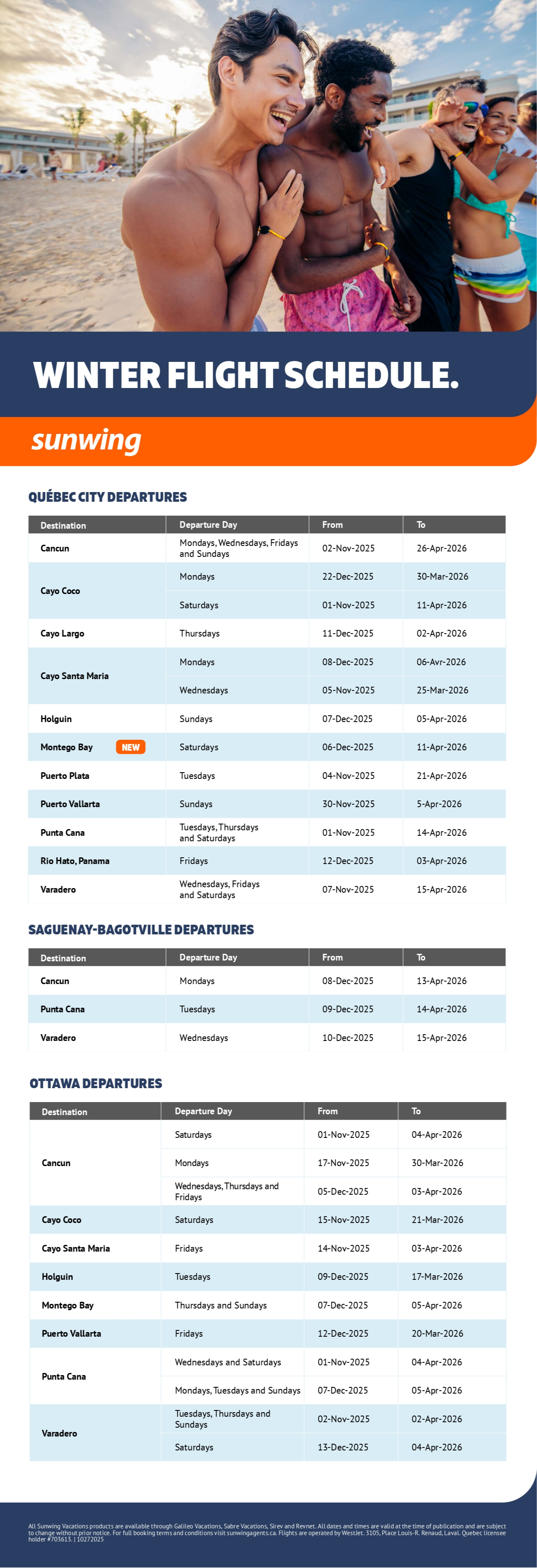 Sunwing Vacations winter flight schedule with Aqua Terra Travel