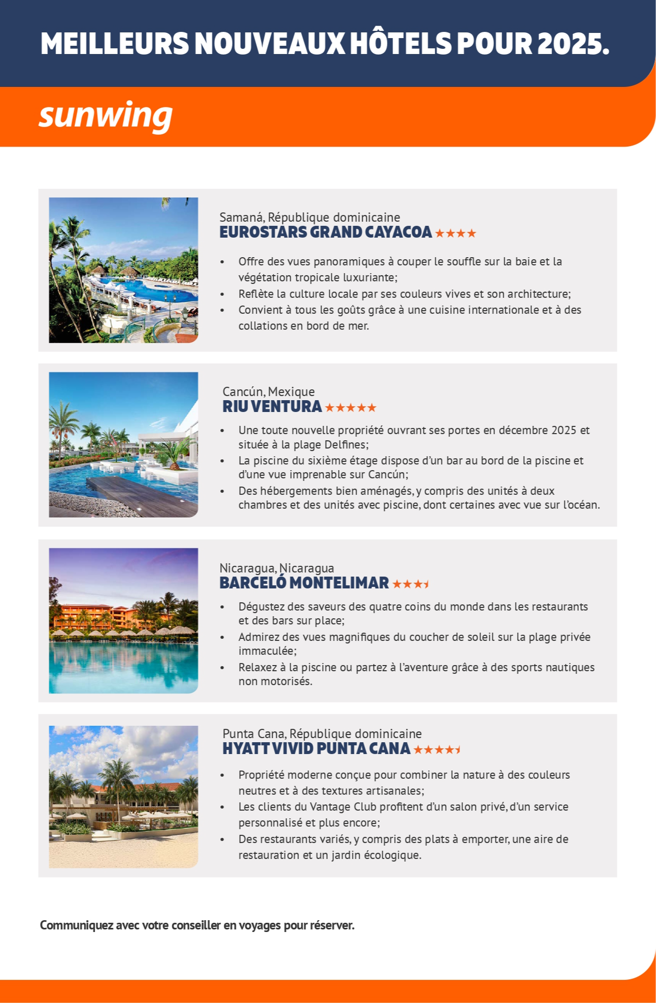 Promotion Vacances Sunwing Meilleurs nouveaux hôtels pour 2025 avec Voyages Aqua Terra