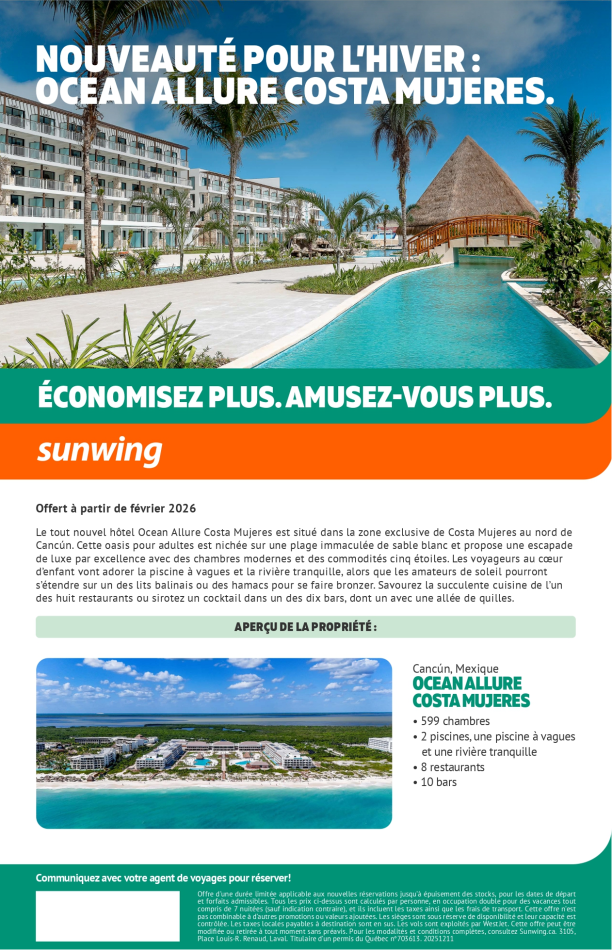 Promotion Vacances Sunwing Nouvel Hôtel Ocean Allure Costa Mujeres avec Voyages Aqua Terra